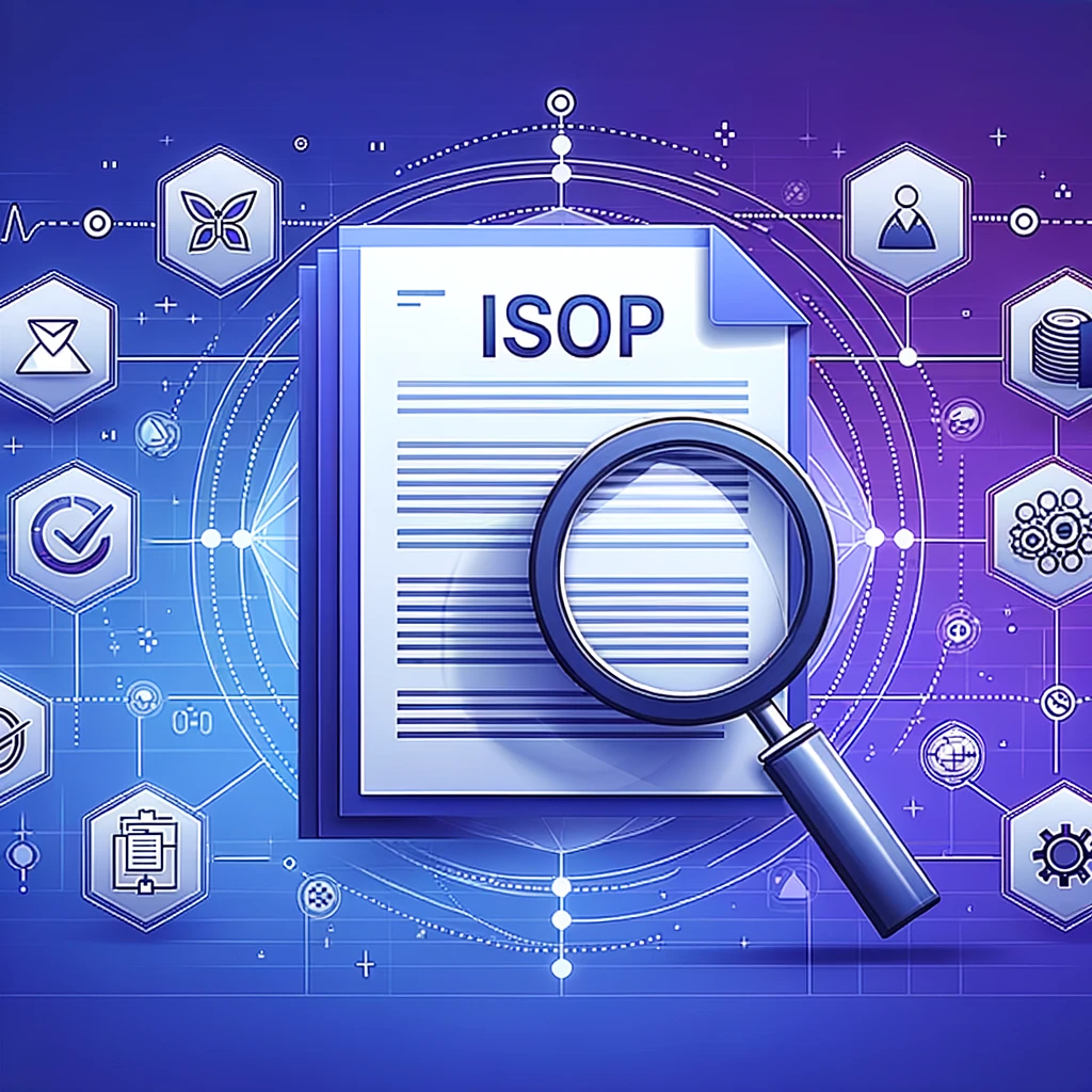 DALL·E 2023 10 27 12.00.04 Illustration of a magnifying glass hovering over a blue and purple digital document labeled iSOP. Surrounding the document are various icons represe | zindo+co